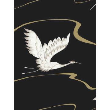 Soaring Cranes Black and Gold Wallpaper