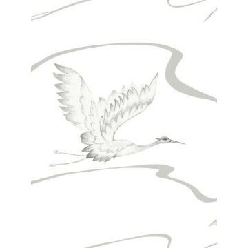 Soaring Cranes White and Silver Wallpaper