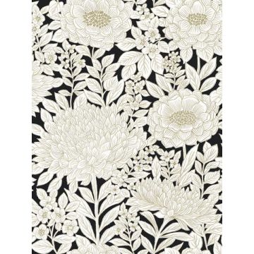 Wood Block Blooms Black and Gold Wallpaper