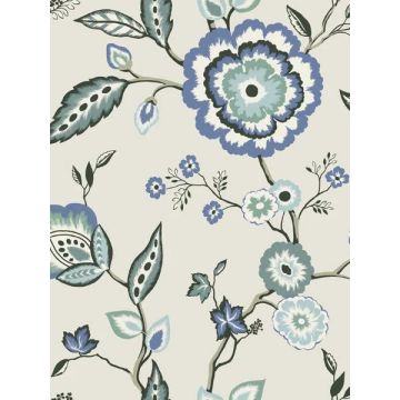 Dahlia Blooms Blue and White Wallpaper