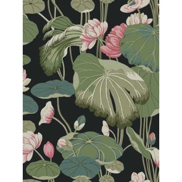 Lotus Pond Black and Pink Wallpaper
