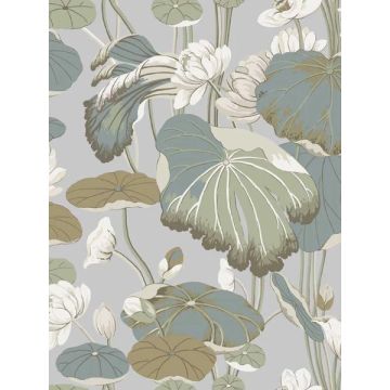 Lotus Pond Grey and Blue Wallpaper