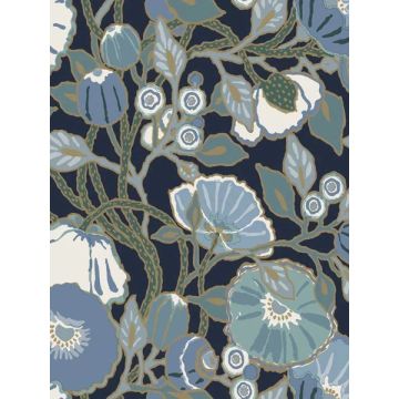 Poppies Black and Blue Metallic Wallpaper