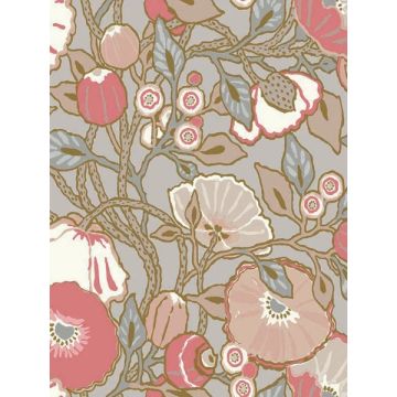 Poppies Grey and Pink Metallic Wallpaper