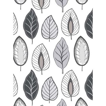 Chic Leaf Black Grey Metallic Silver Wallpaper