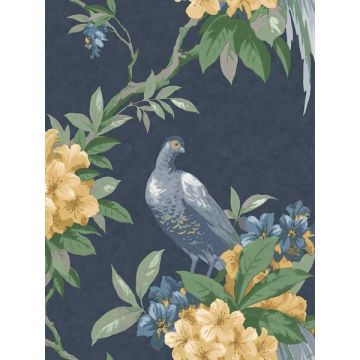 en Pheasant Floral Dark Blue Wallpaper