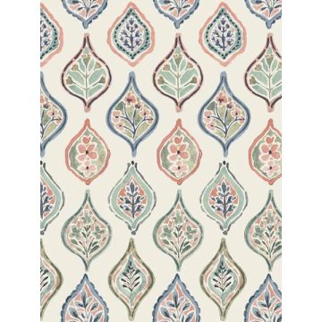Marketplace Motif Off White and Green Wallpaper