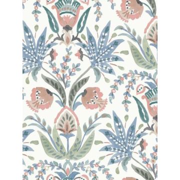 Seaside Jacobean Pink and Blue Wallpaper