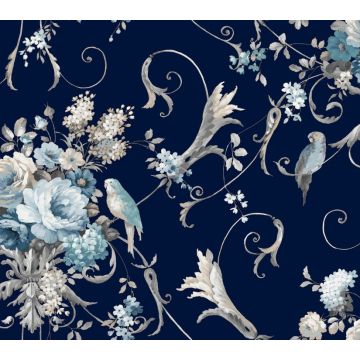 Parrots with Floral Bouquets Peel and Stick Navy Wallpaper