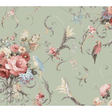 Parrots with Floral Bouquets Peel and Stick Eucalyptus Wallpaper