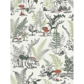 Mushroom Garden Toile Red and Green Wallpaper