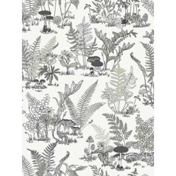 Mushroom Garden Toile Black and Grey Wallpaper
