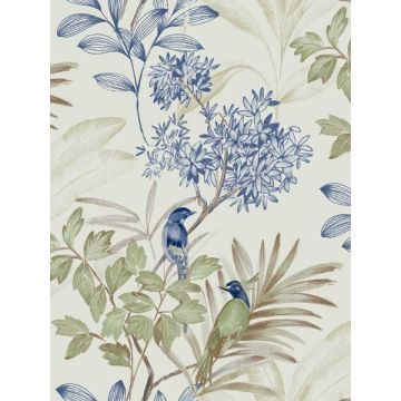 Handpainted Songbird Green and Blue Wallpaper