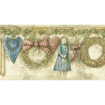Essie Grey Country Heart Wreath Wallpaper Border Chesapeake PUR20071B