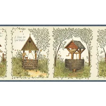 Blue Penny for Your Thoughts Wishing Well Wallpaper Border - Chesapeake Wallcoverings