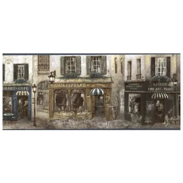 French Cafe Restaurant Wallpaper Border - Blue Trim - Patton Norwall