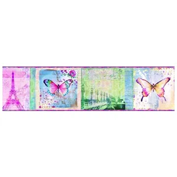 Worldly Pink Bon Voyage Butterflies Wallpaper Border - Chesapeake Wallcovering
