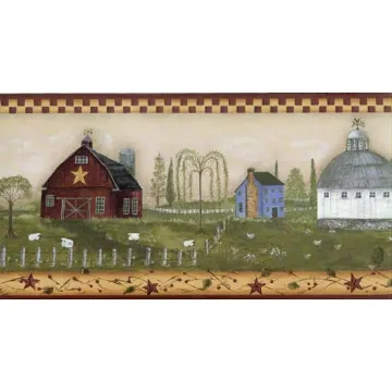 Burgundy Primitive Farm Wallpaper Border