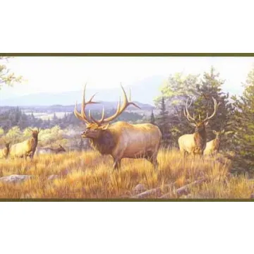 Elk On Mountain Wallpaper Border - Green Trim - Chesapeake Wallcovering