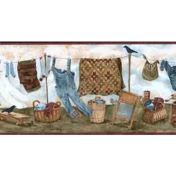 Rustic Charm Laundry Burgundy Wallpaper Border
