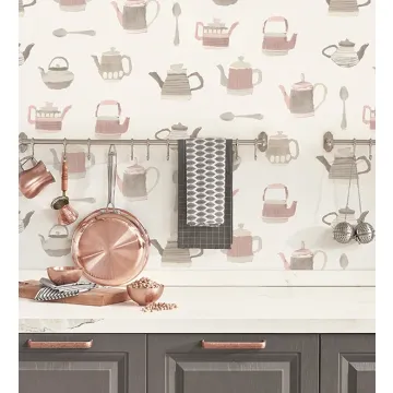 CK36633 Tea Pots Wallpaper Pink, Grey CREATIVE KITCHENS Norwall Wallcovering