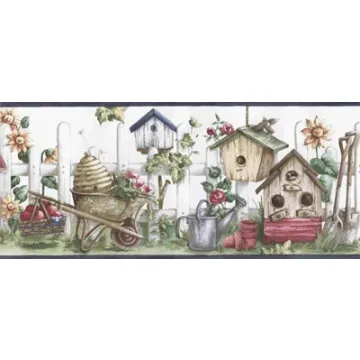Birdhouses & Picket Fence Wallpaper Border - Hometrends