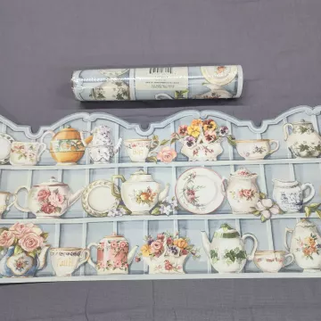 Westchester Blue Country Teapot Floral Wallpaper Border Prepasted Vinyl Sealed