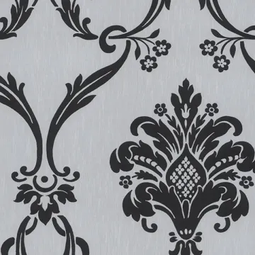 CS27371 Flock Damask Wallpaper Silver, Black Classic Silks 2 Norwall Wallcovering