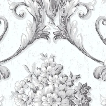 CS35626 Floral Damask Wallpaper White, Metallic Silver Classic Silks 2 Norwall Wallcovering