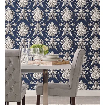 CS35627 Floral Damask Wallpaper Navy, Metallic Silver Classic Silks 2 Norwall Wallcovering