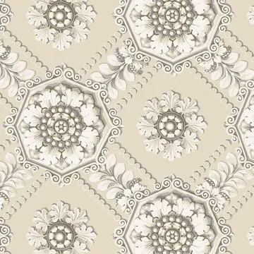 CS35628 Medallion Wallpaper Cream, Beige, Metallic Silver Classic Silks 2 Norwall Wallcovering