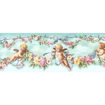 Teal Cherub and Ribbon Wallpaper Border