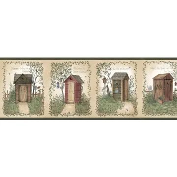 Fennel Wheat Outhouse Portrait Blocks Wallpaper Border Chesapeake BBC50321B