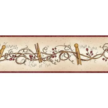 Burgundy Clothespin and Rosehip Wallpaper Border FAM65043B