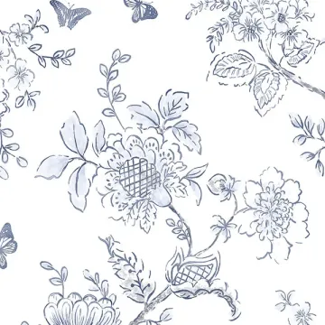 FH37539 Butterfly Toile Wallpaper Light Blue, Navy Farmhouse Living Norwall Wallcovering