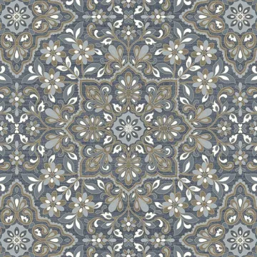 FH37542 Floral Tile Wallpaper Blue, Metallic Gold, Navy Farmhouse Living Norwall Wallcovering