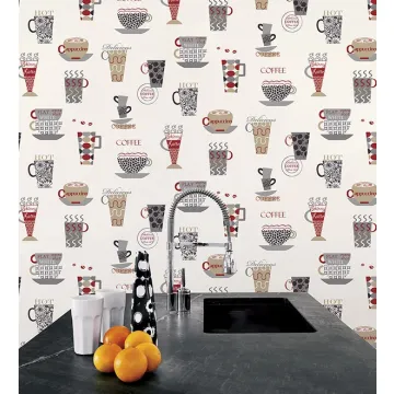 FK34427 Coffee Time Wallpaper Red, Metallic Silver, Tan Fresh Kitchens 5 Norwall Wallcovering
