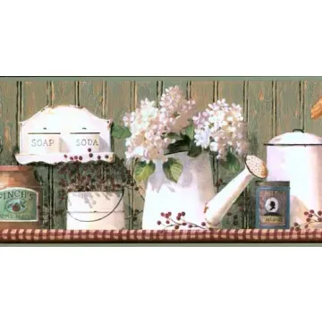 Country Tins Green Wood Wallpaper Border