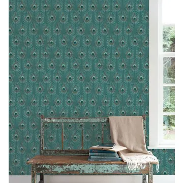 G67978 Peacock Wallpaper Blue, Blue Green, Aqua, Turquoise, Tropics Organic textures Norwall Wallcovering