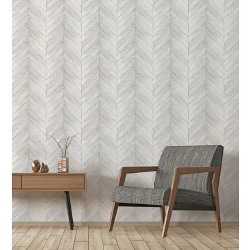 G68001 Chevron Wood Wallpaper Grey, Light Script White, Dove Farmhouse Living Norwall Wallcovering