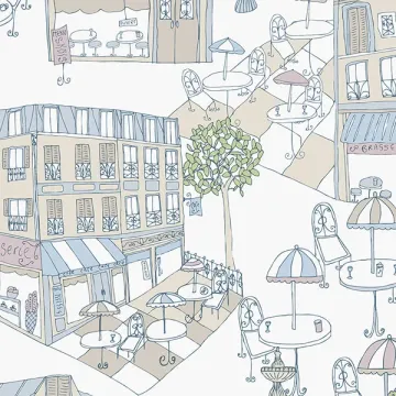 KE29941 Café Wallpaper Blue, Beige, Pink Kitchen Elements Norwall Wallcovering
