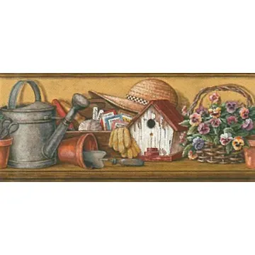 Tan Pansies and Garden Items Wallpaper Border KE5029B