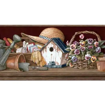 Burgundy Gardening Items Wall Paper Border