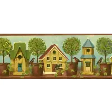 Burgundy Textured Birdhouse Wallpaper Border