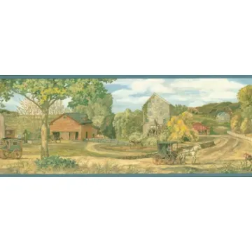 Blue Countryside Town Wallpaper Border