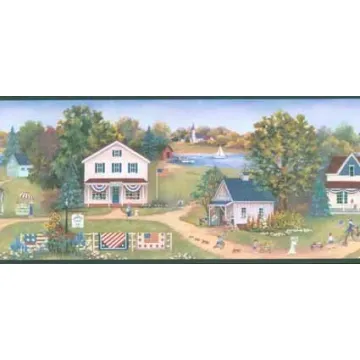 All American Patriotic Town Wallpaper Border