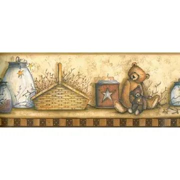 Country Bear and Basket Burgundy Wallpaper Bo