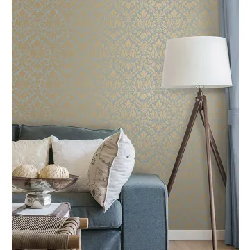 SD36141 Stitched Damask Wallpaper Blue, Metallic Gold Stripes & Damasks 3 Norwall Wallcovering