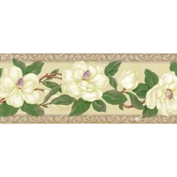 White and Green Magnolia Wallpaper Border