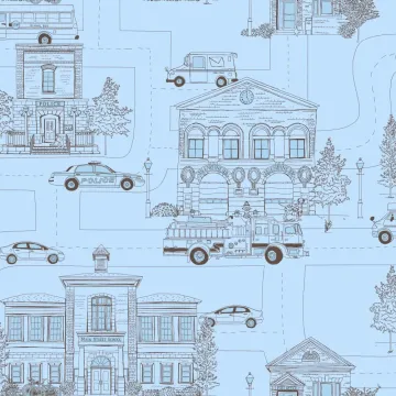 Blue and Black Sketched Main Street Wallpaper ZB3151